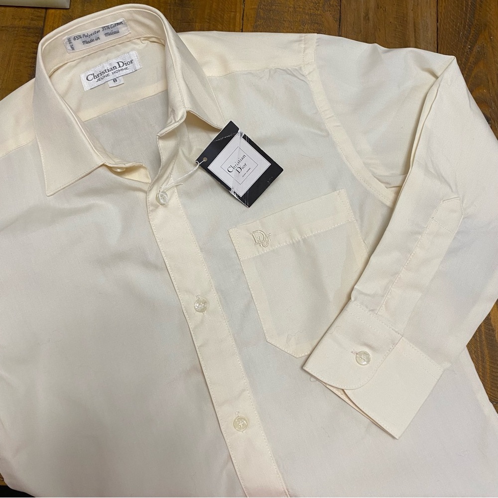 Vintage NWT Christian Dior Jeune Homme Ivory Button Down Dress Shirt Logo Luxury